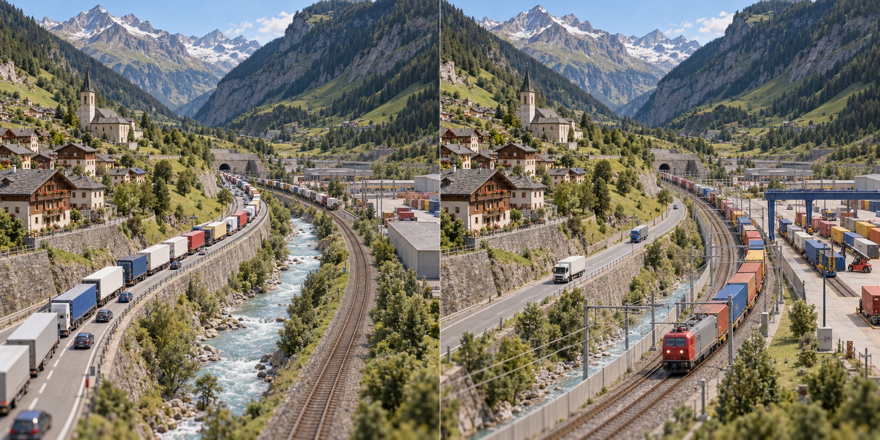 Alpenkorridor · Schweiz. Fracht konzentriert sich auf Lkw / Elektrische Eisenbahn und Lieferungen auf der letzten Meile