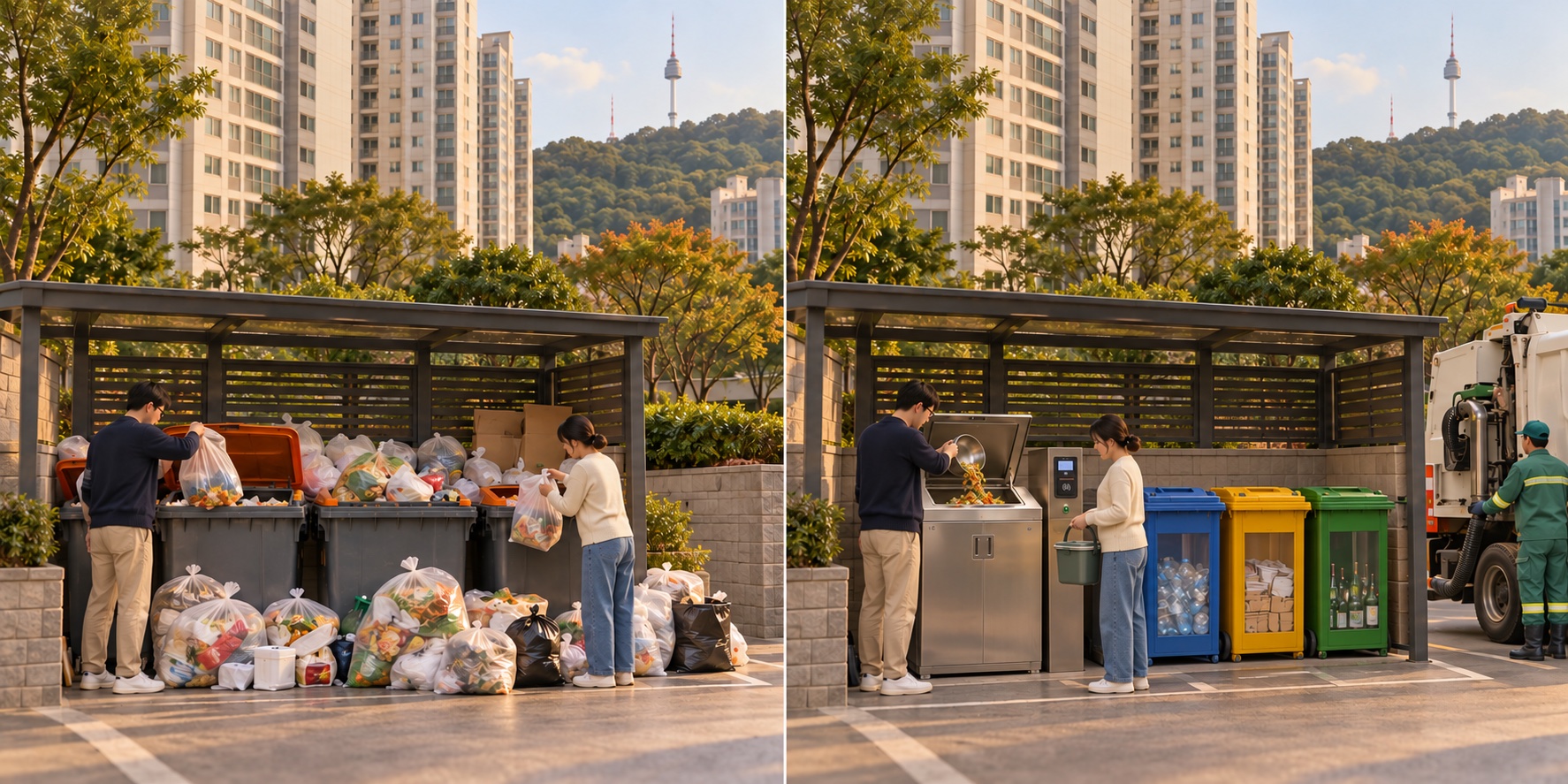 Seoul · Corea del Sud. Scarti alimentari mescolati ai rifiuti residui / Raccolta separata, pesatura e trattamento dell’organico