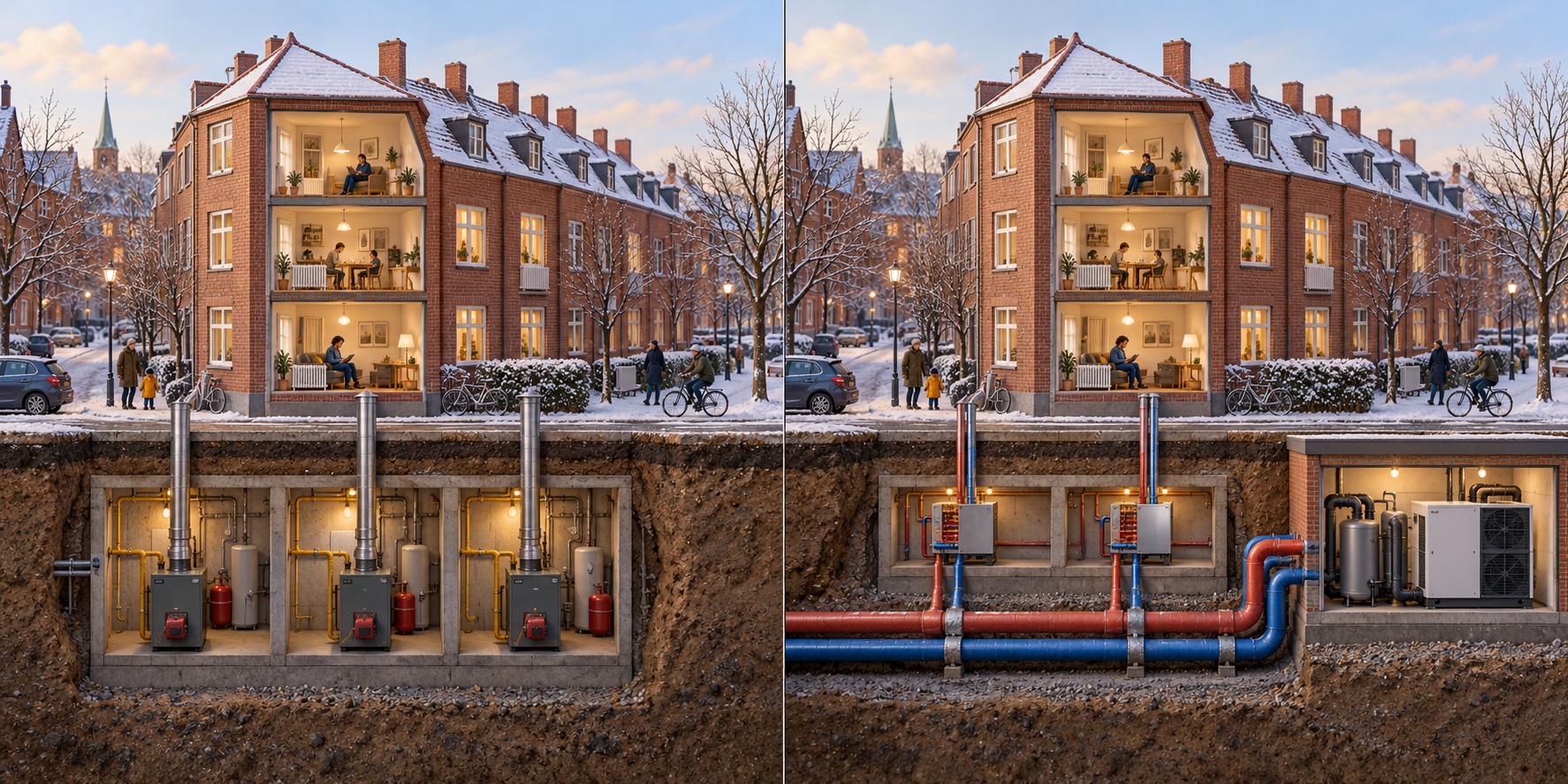 Danimarca · quartiere servito dal teleriscaldamento. Ogni edificio dipende dalla propria caldaia fossile / Una rete di calore integra recupero e fonti a basse emissioni