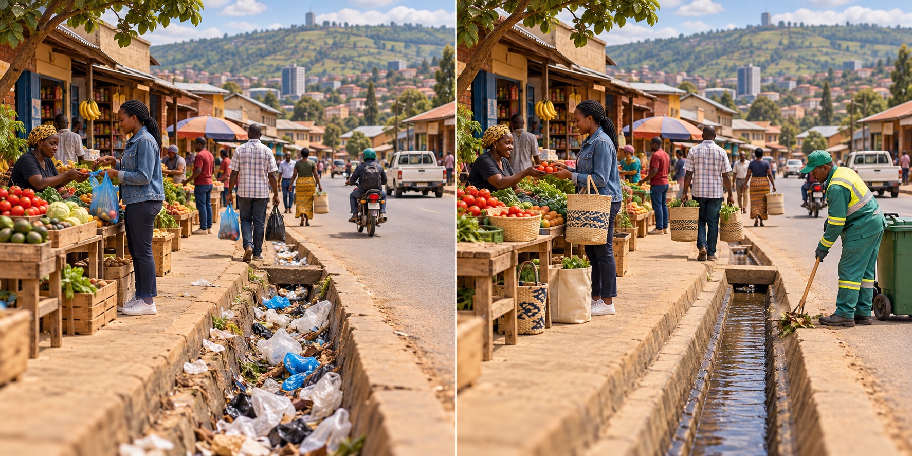 Kigali · Ruanda. Verstreute Beutel verstopfen die städtischen Abflüsse / Vorbeugung, Wiederverwendung und Sammlung reduzieren die Ausbreitung