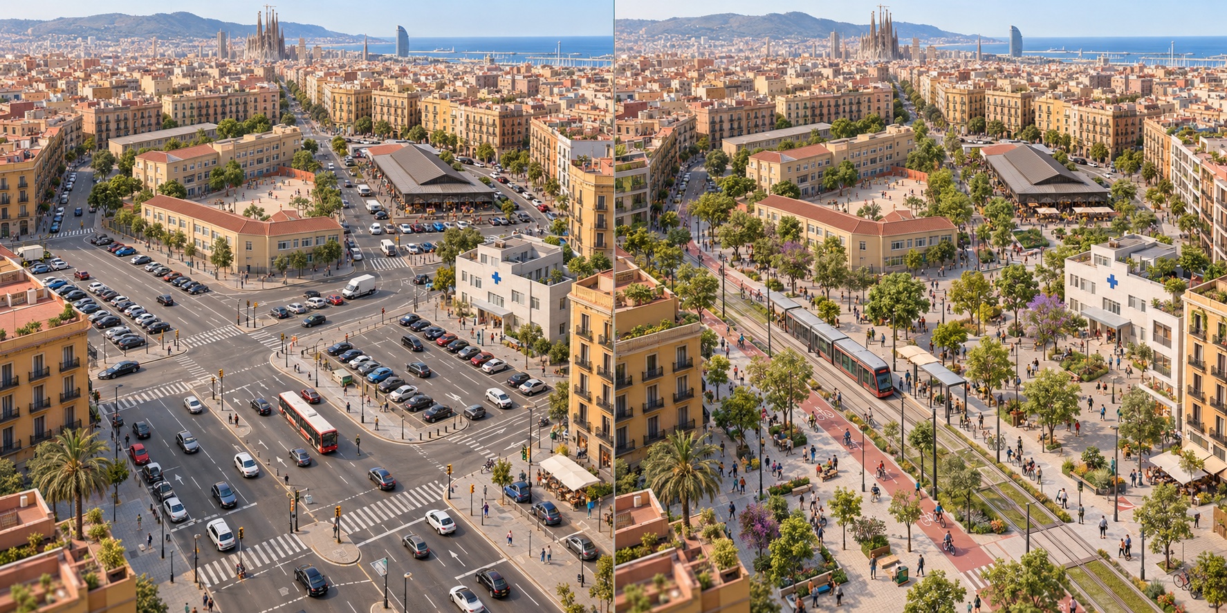 Quartiere mediterraneo · ispirato a Barcellona. Servizi separati da grandi spazi dedicati alle auto / Servizi vicini, percorsi diretti e trasporto collettivo
