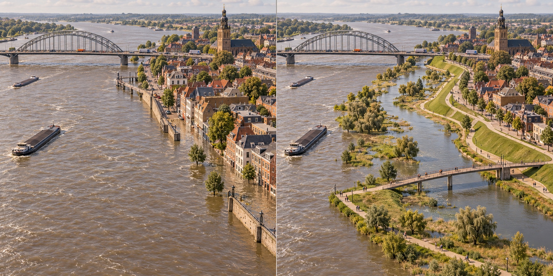 Paesi Bassi · ispirato a Nijmegen. Argini e costruzioni restringono lo spazio della piena / Golene e canali laterali danno spazio all’acqua