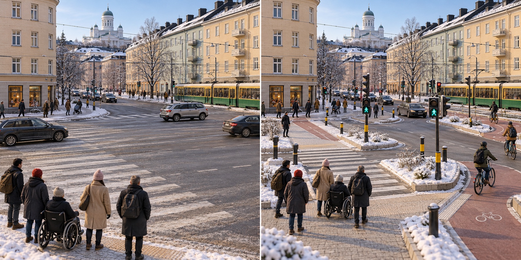 Helsinki · Finnland. Eine Kreuzung setzt Fußgänger und Radfahrer gefährlichen Konflikten aus / Ein System von Straßen, Geschwindigkeiten und Kontrollen schützt die Menschen