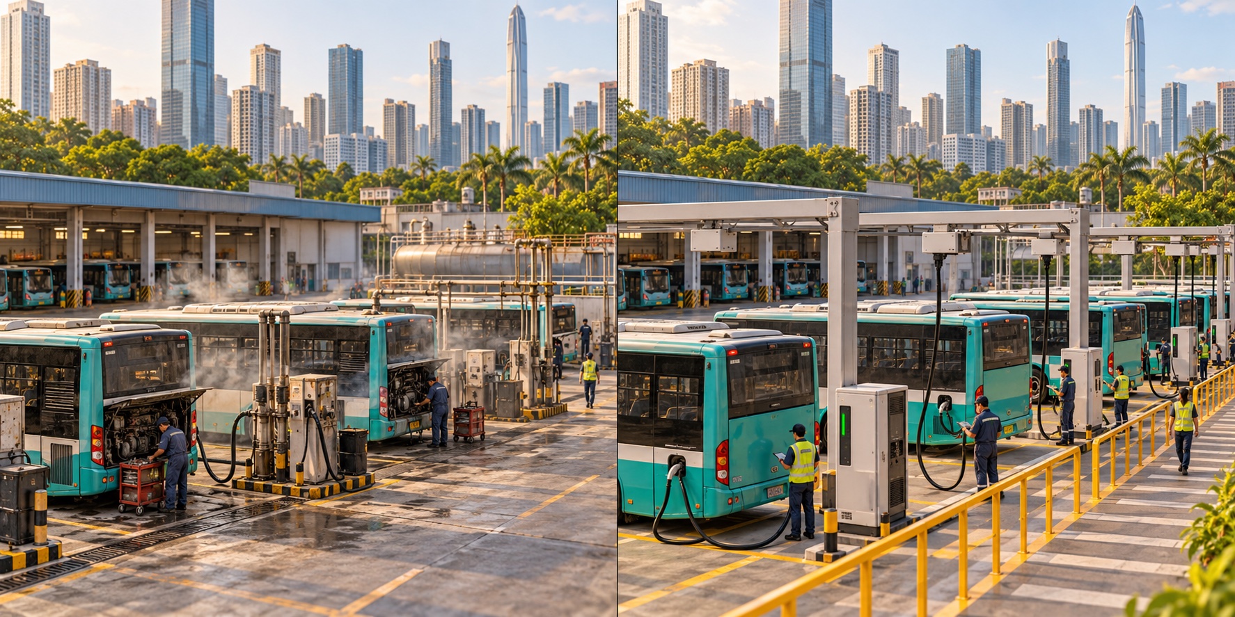 Shenzhen · Cina. Gli autobus bruciano gasolio lungo le strade / Autobus elettrici con ricarica e turni coordinati