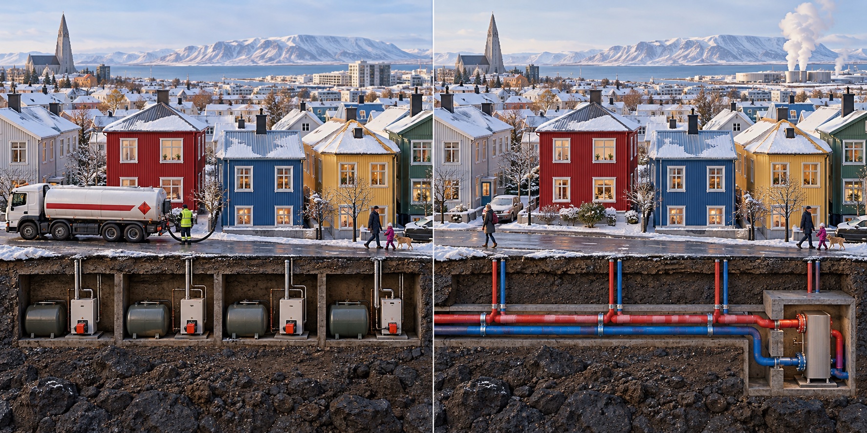 Islanda · area di Reykjavík. Le abitazioni dipendono da combustibili per il riscaldamento / Una rete utilizza risorse geotermiche adatte al luogo
