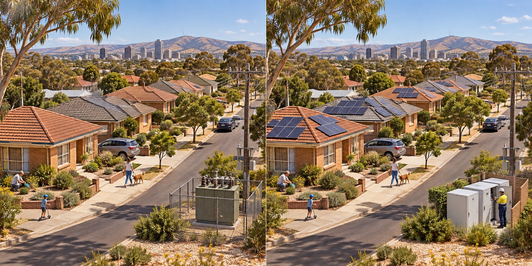 Australien · Vorstadtviertel. Verfügbare Dächer und Netzwerk sind nicht für lokale Stromerzeugung geeignet / Diffuse Photovoltaik mit Anschlüssen und Netzmanagement
