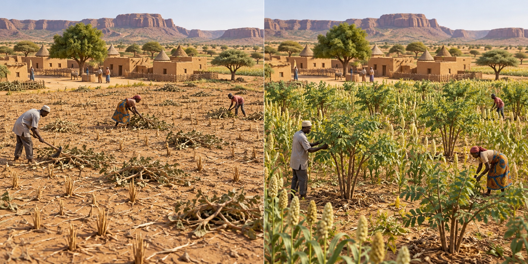 Niger · Landwirtschaftliche Sahelzone. Die Sprossen werden von den Feldern entfernt / Bäume wachsen zusammen mit Feldfrüchten nach