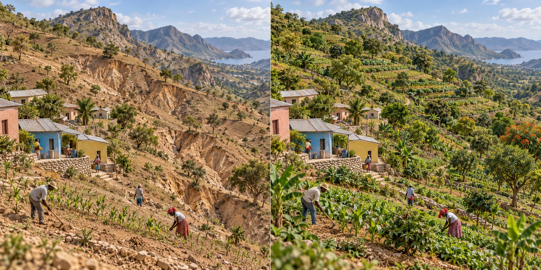 Haiti · Wiederherstellung von Pisten. Exponierte Hänge und erosionsgefährdete Nutzpflanzen / Bodensanierung und gemeinsam mit den Bewohnern bewirtschaftete Bäume