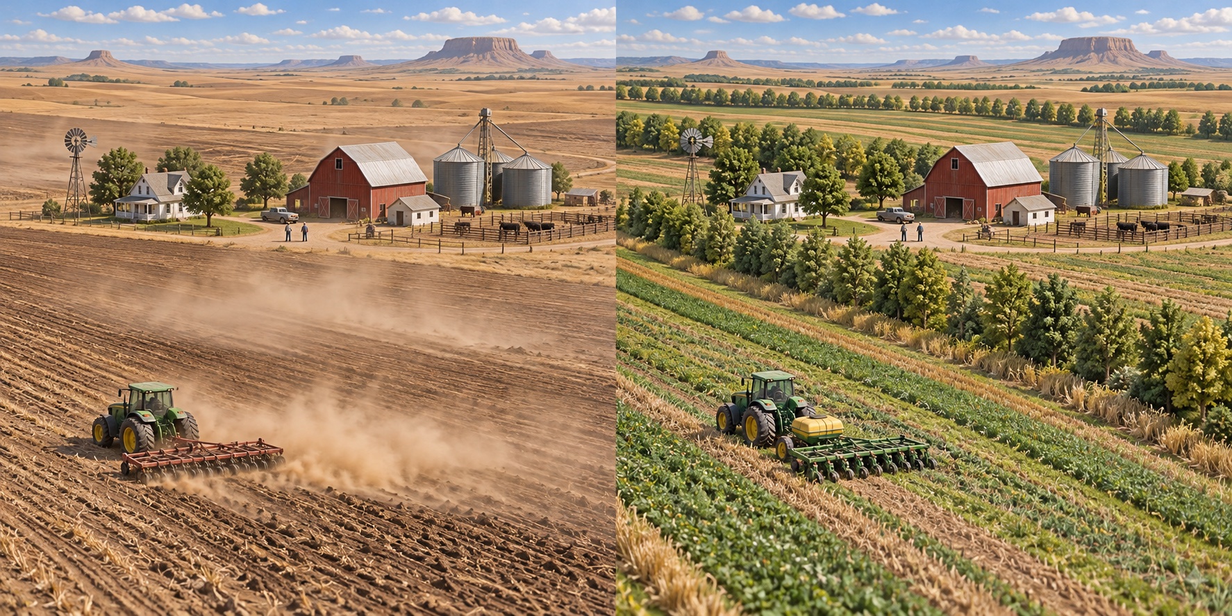 Vereinigte Staaten · Great Plains. Der Wind trägt den Boden von den Feldern weg / Decke und bewachsene Bänder halten den Boden zurück