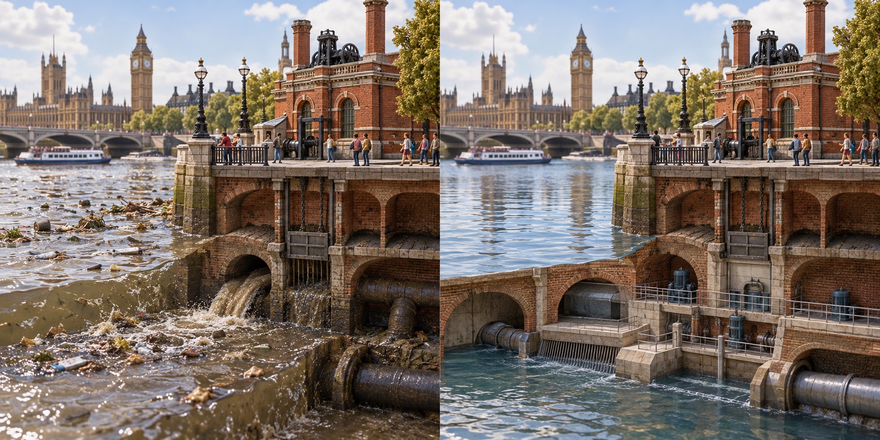 Londra · Tamigi e rete fognaria storica. Gli scarichi della città raggiungono il fiume / Una rete raccoglie e tratta le acque reflue