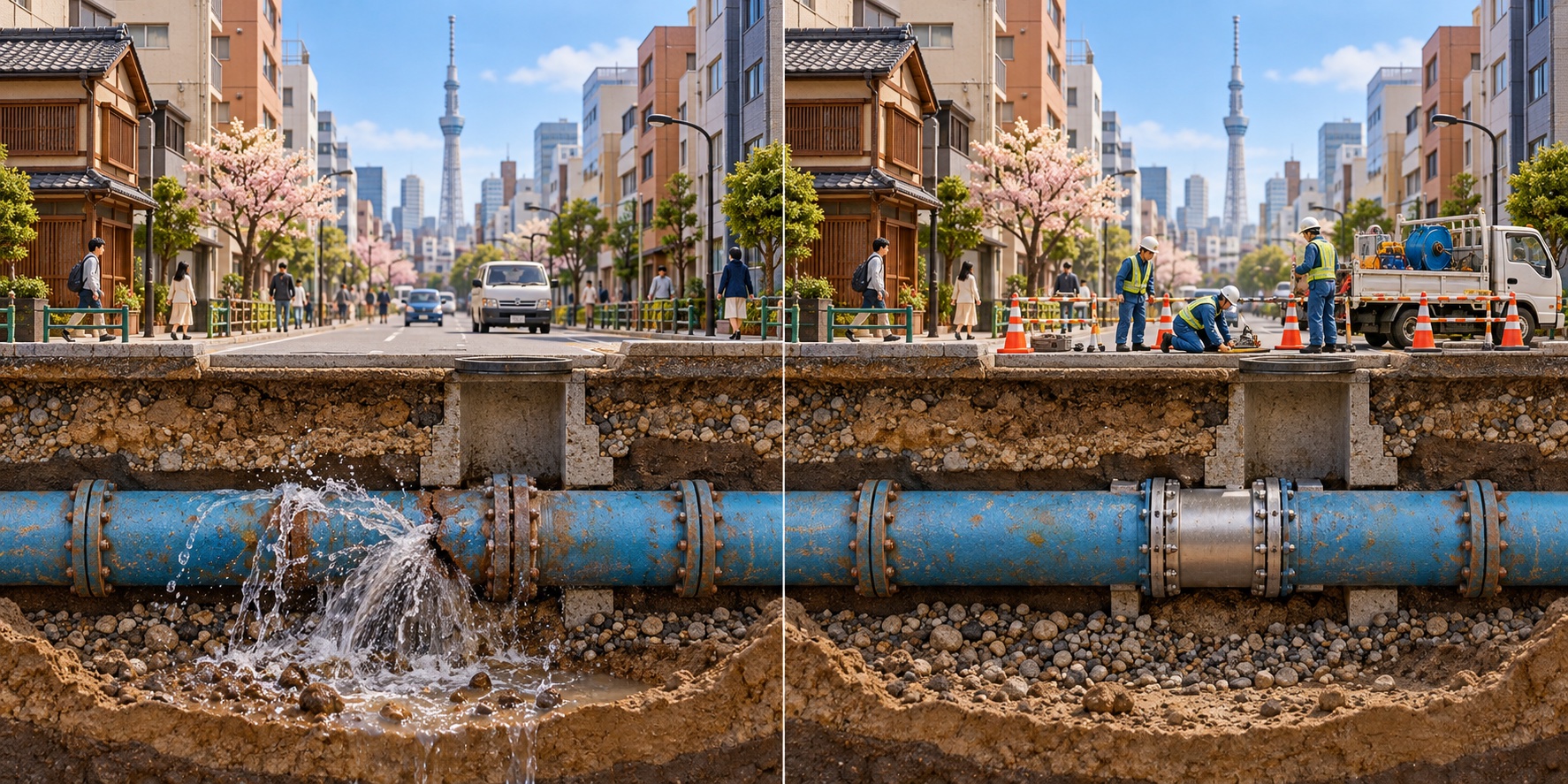 Tokio · städtisches Wassernetz. Das Wasser geht unter der Straße verloren / Suche nach Verlusten und gezielten Reparaturen