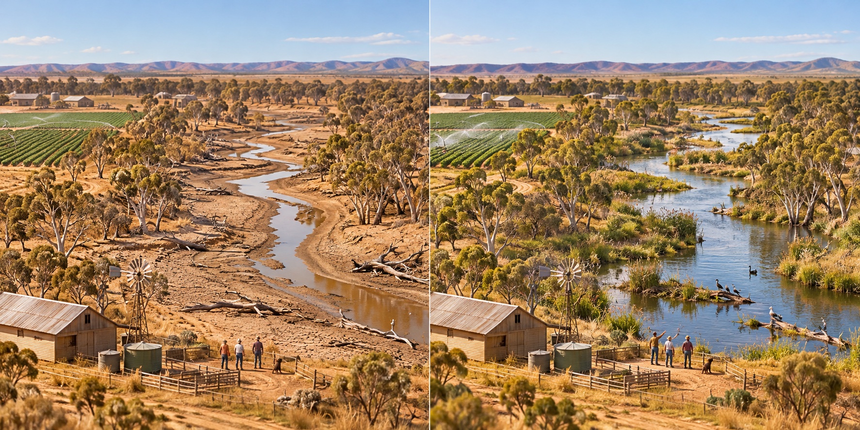 Australien · Murray-Darling Basin. Den Lizenzen geht das verfügbare Wasser aus / Das Umgebungswasser für den Fluss wird verwaltet