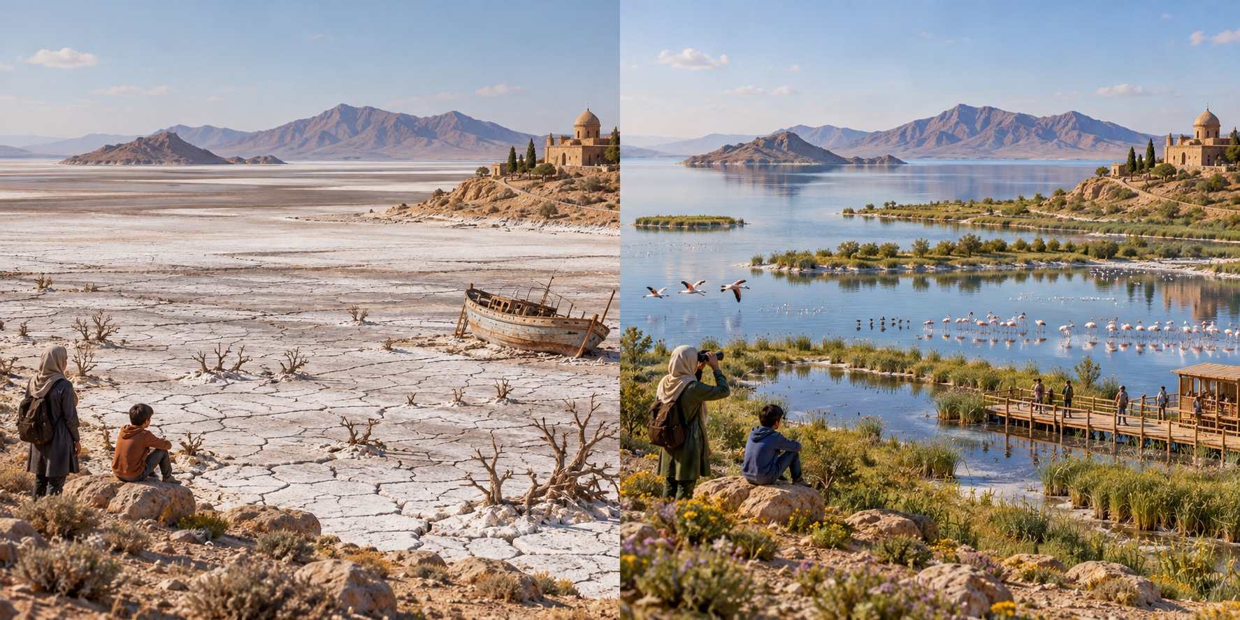 Iran · Urmiasee. Die Salzküste bleibt exponiert / Die Verwaltung des Beckens versucht, das Wasser im See zu halten.