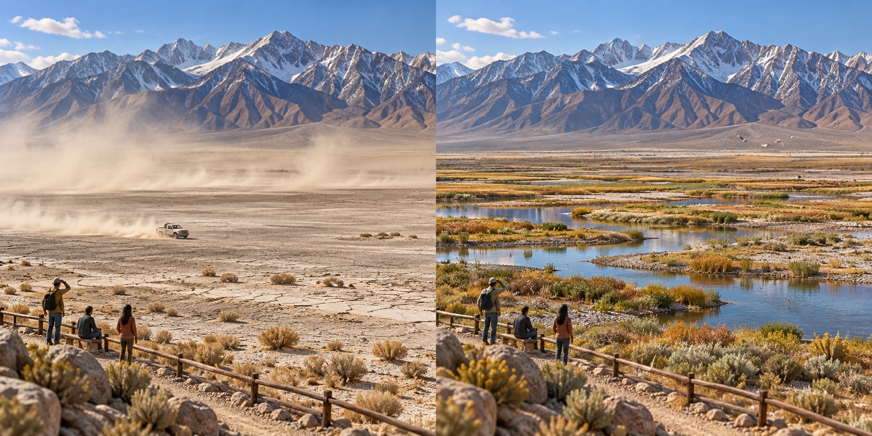 California · Owens Lake. Il vento solleva polvere dal lago prosciugato / Superfici trattate limitano il sollevamento della polvere
