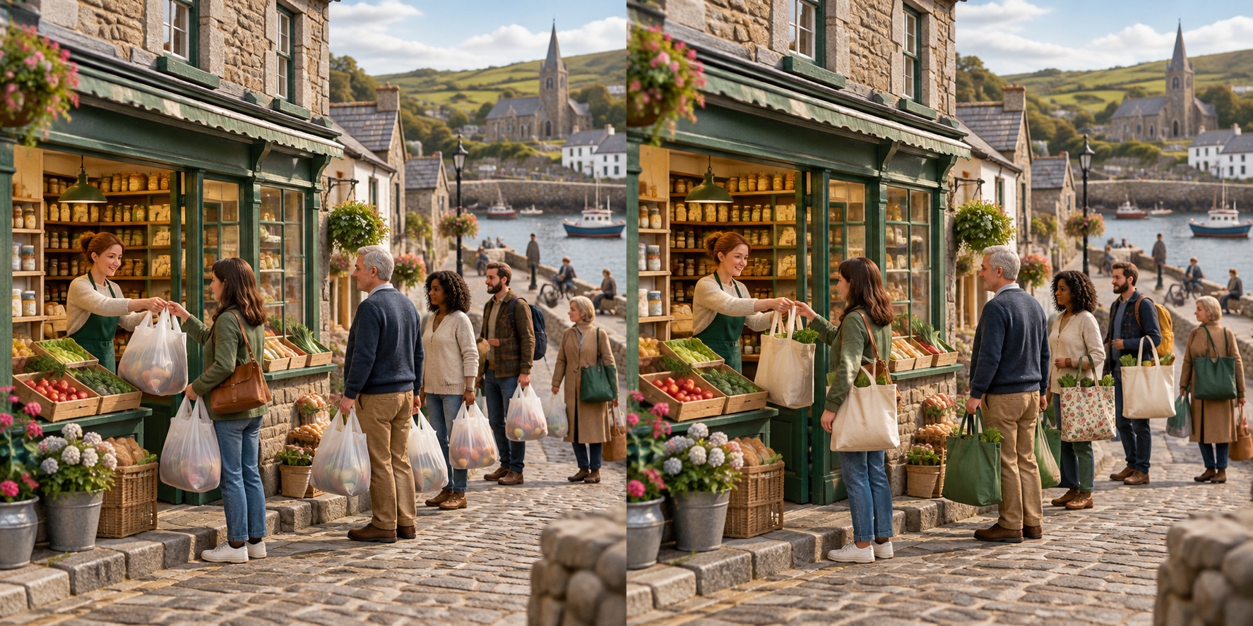 Irlanda · commercio quotidiano. Ogni acquisto porta con sé un nuovo sacchetto / Riutilizzare la borsa diventa la scelta abituale