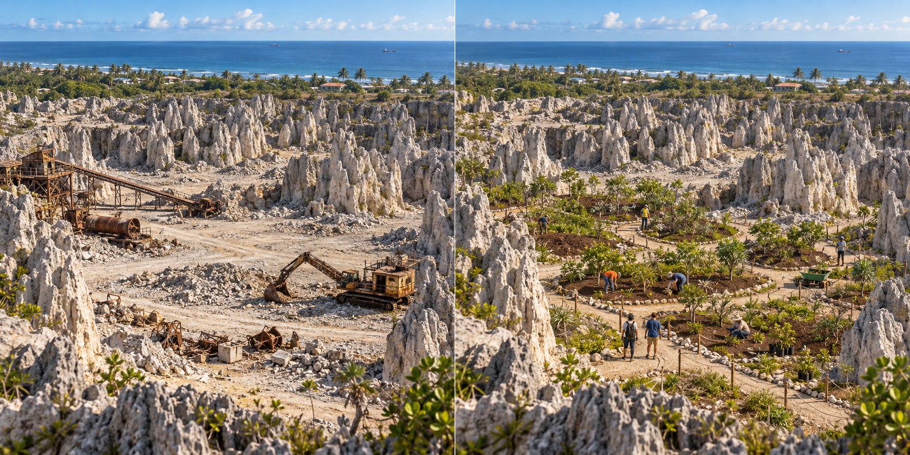Nauru · estrazione del fosfato. L’estrazione lascia roccia esposta e poco suolo / Il ripristino ricostruisce condizioni per la vegetazione