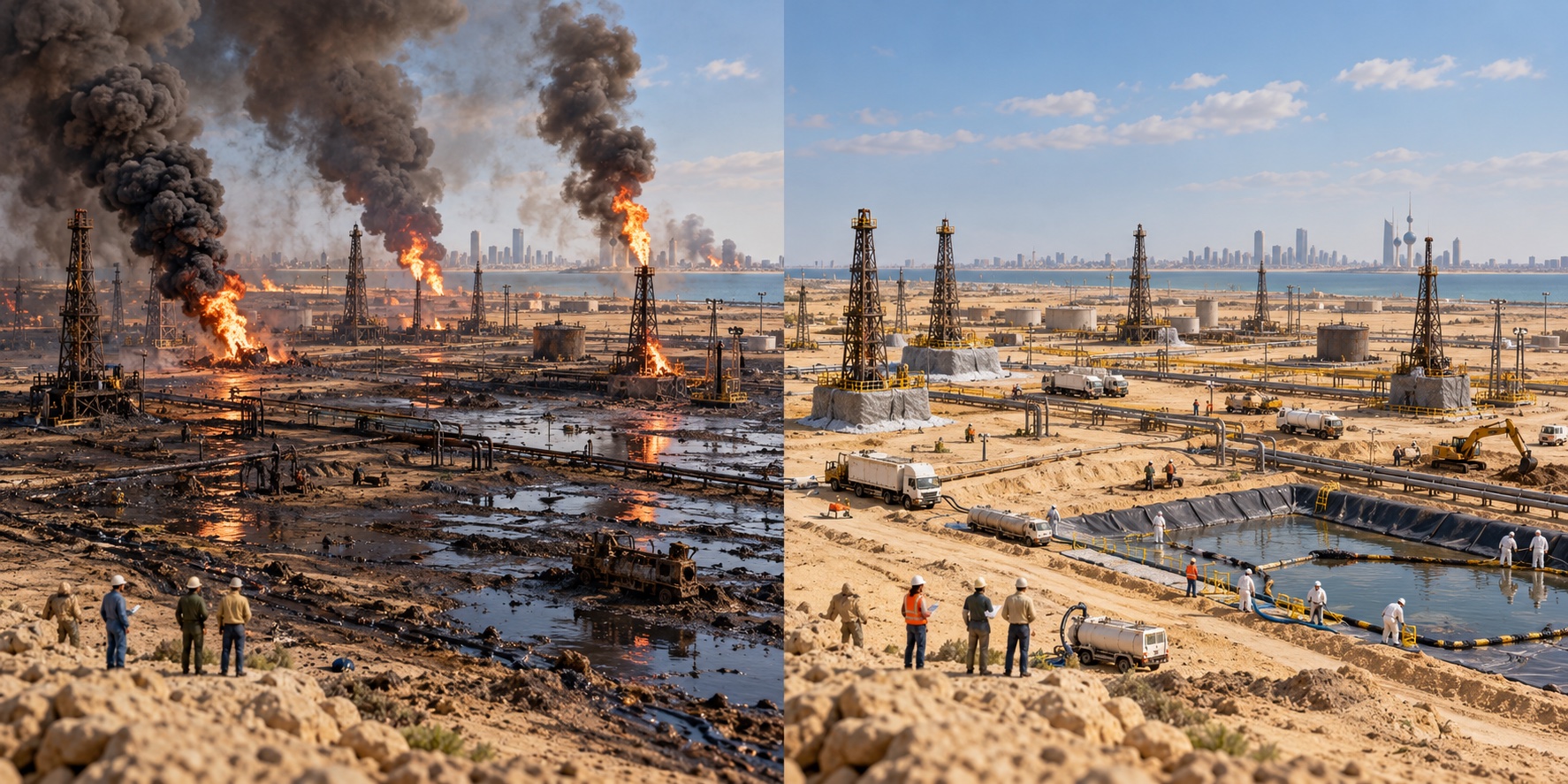 Kuwait · incendi petroliferi del 1991. Gli incendi petroliferi riempiono il cielo di fumo / Infrastrutture protette e risposta ambientale limitano i danni
