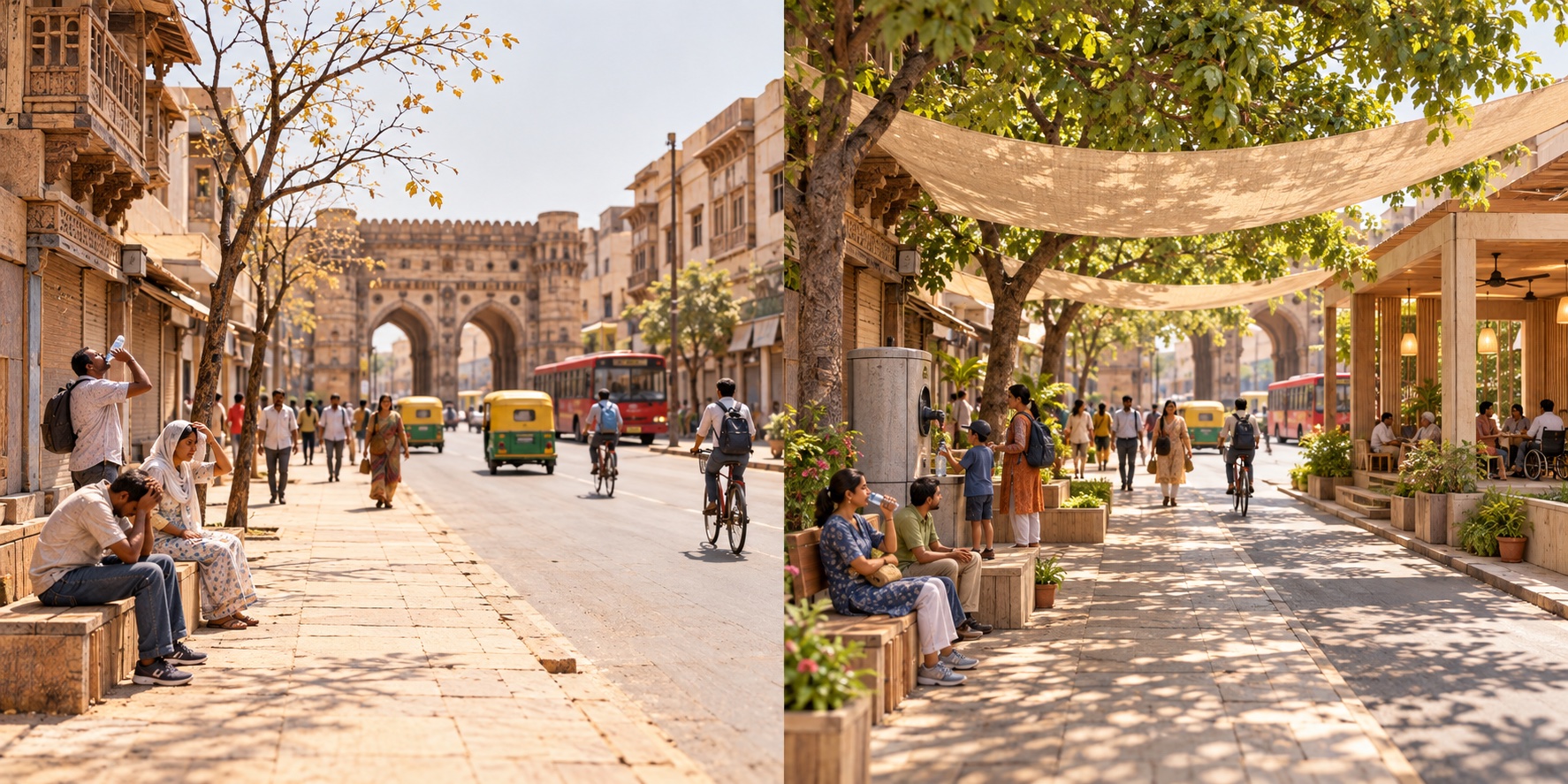 Indien · Ahmedabad. Die Straße setzt die Menschen ohne Unterstützung der Hitze aus / Schatten, Wasser, Alarm und Hilfe schützen die exponierten Personen