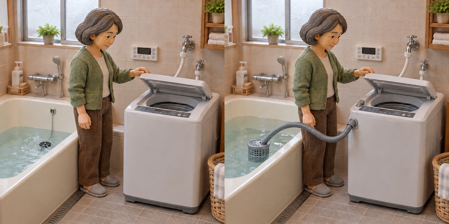 Escena en miniatura: drenar el agua de la bañera que podría servir para un uso aprobado. Escena en miniatura: uso del sistema de reutilización de agua de baño del aparato.