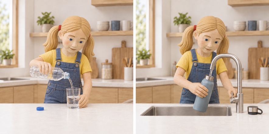 Scena in miniatura: Riempi la borraccia che possiedi.