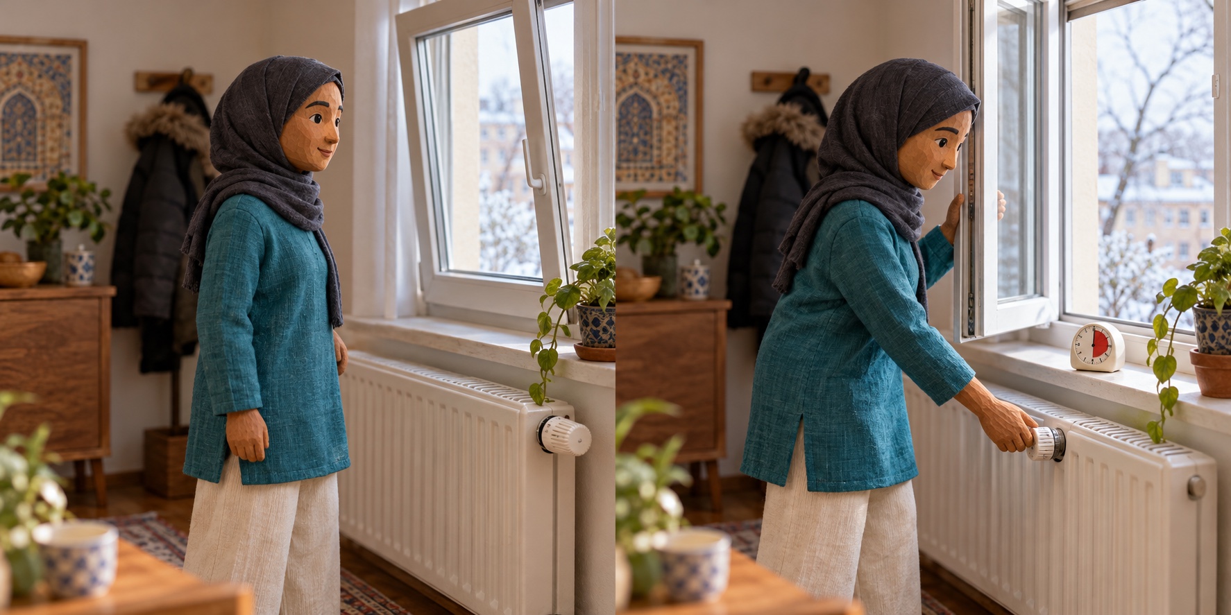 Miniature scene: Leaving a window tilted for a long time. Miniature scene: Providing a suitable brief air change.