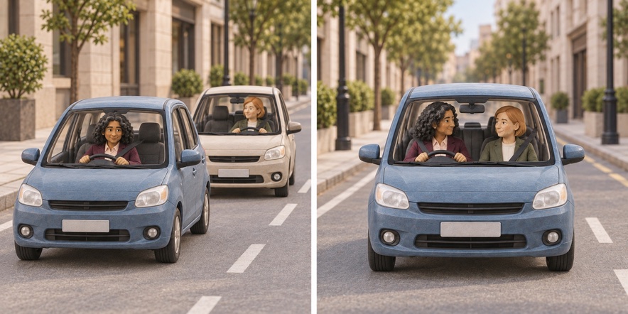 Scena in miniatura: Condividere un’auto per quel tragitto.