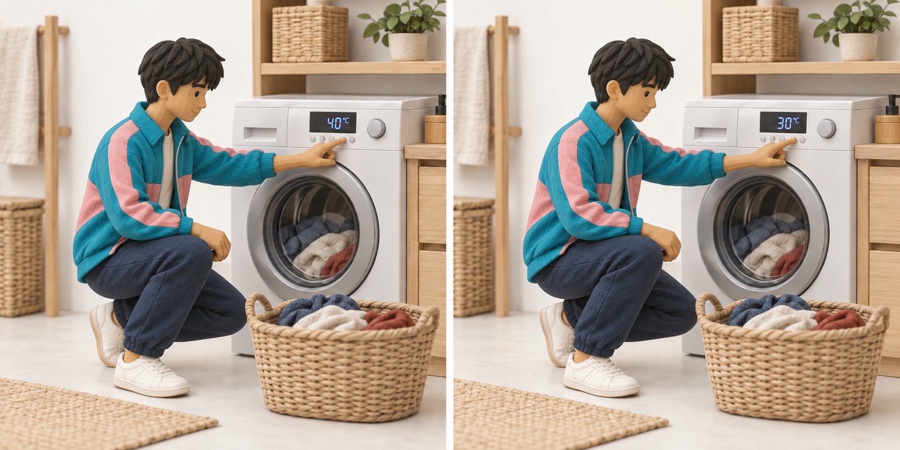 Escena en miniatura: Un lavado a 40 °C en este ejemplo. Escena en miniatura: Un lavado adecuado a 30 °C en este ejemplo.
