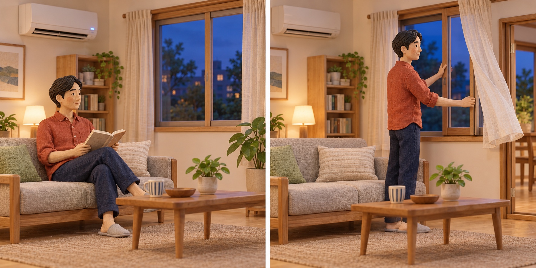 Miniaturszene: Fenster an einem geeigneten kühlen Abend geschlossen lassen. Miniaturszene: Kühle saubere Luft bei ausgeschalteter Klimaanlage nutzen.