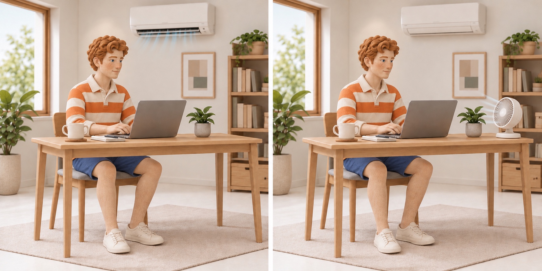 Scène miniature : rafraîchissez la pièce grâce à la climatisation. Scène miniature : utilisez un ventilateur lorsque les conditions le permettent.