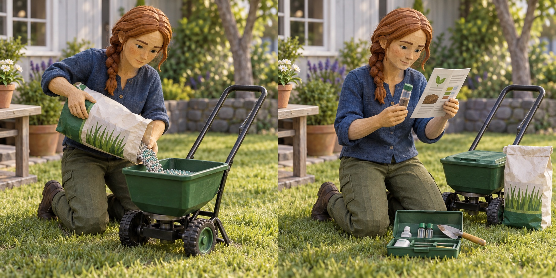 Miniature scene: Adding fertiliser routinely without checking need. Miniature scene: Using an appropriate amount when needed.