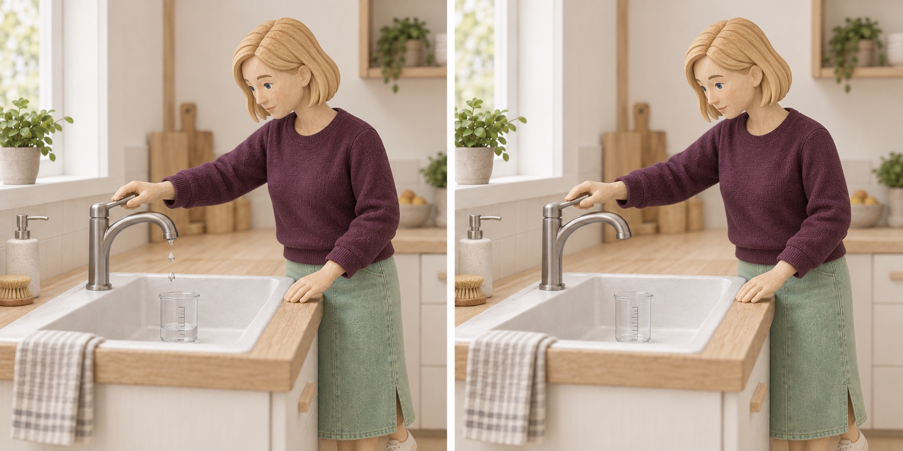 Scena in miniatura: Il rubinetto chiuso gocciola in un recipiente graduato.