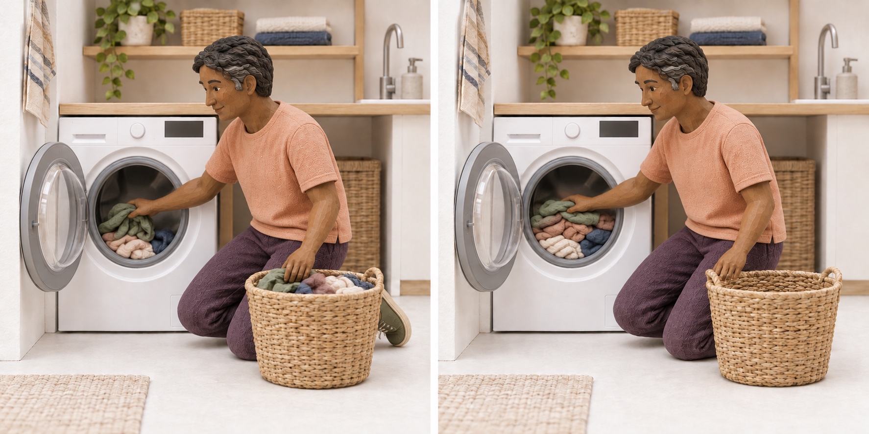 Miniature scene: Separate the same laundry into small loads.