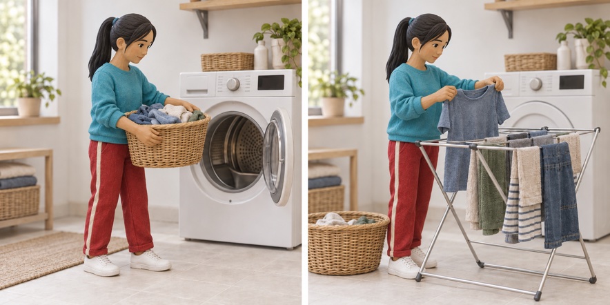 Miniature scene: Hang the same laundry in a ventilated room.