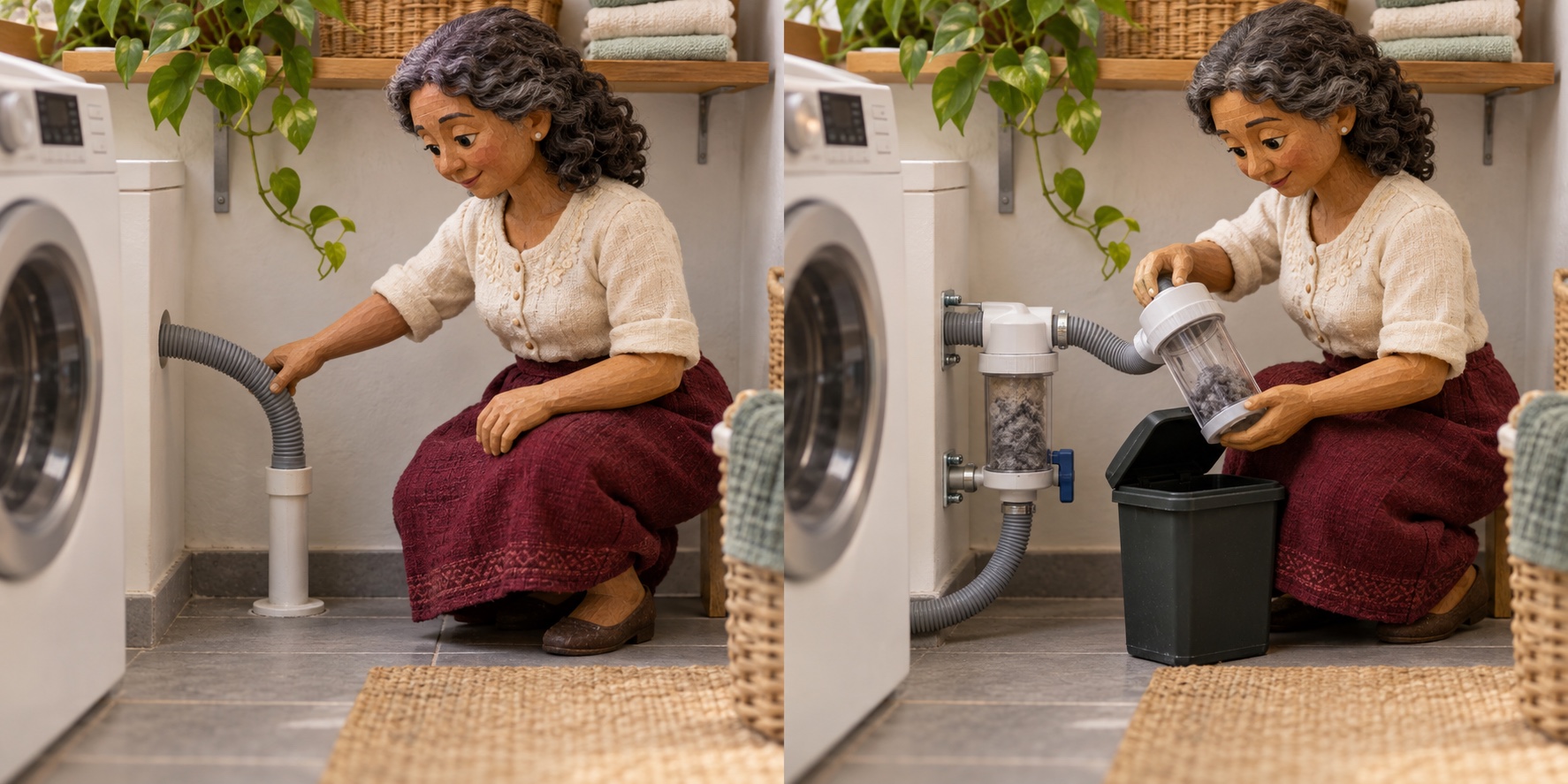 Scène miniature : laisser partir les fibres libérées avec l'eau de lavage. Scène miniature : Capture des fibres et élimination des résidus.