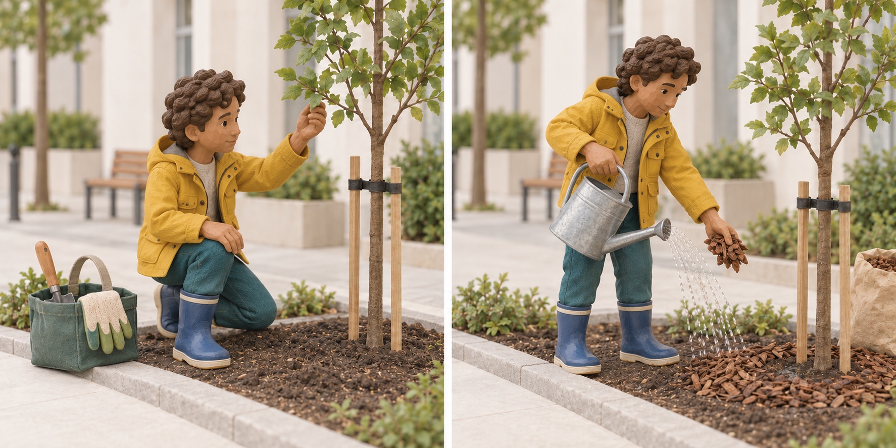 Escena en miniatura: Observa un árbol joven plantado recientemente. Escena en miniatura: Riega y cuida ese mismo árbol joven.