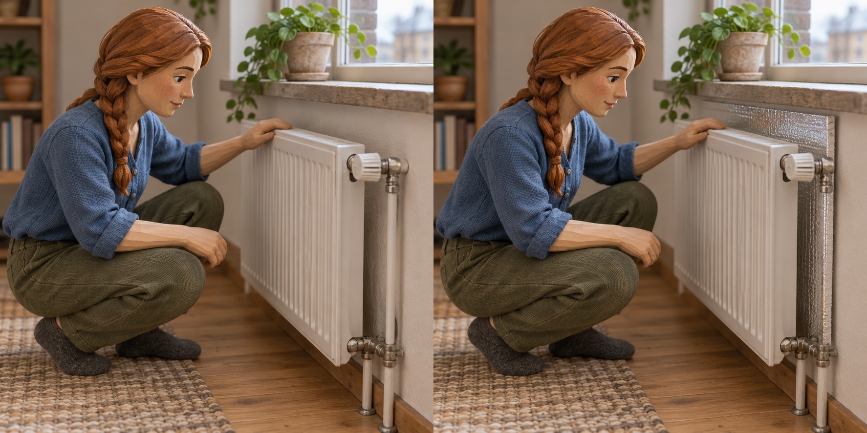 Miniaturszene: Ein Heizkörper an einer unisolierten Außenwand. Miniaturszene: Ein korrekt montierter kompatibler Reflektor.