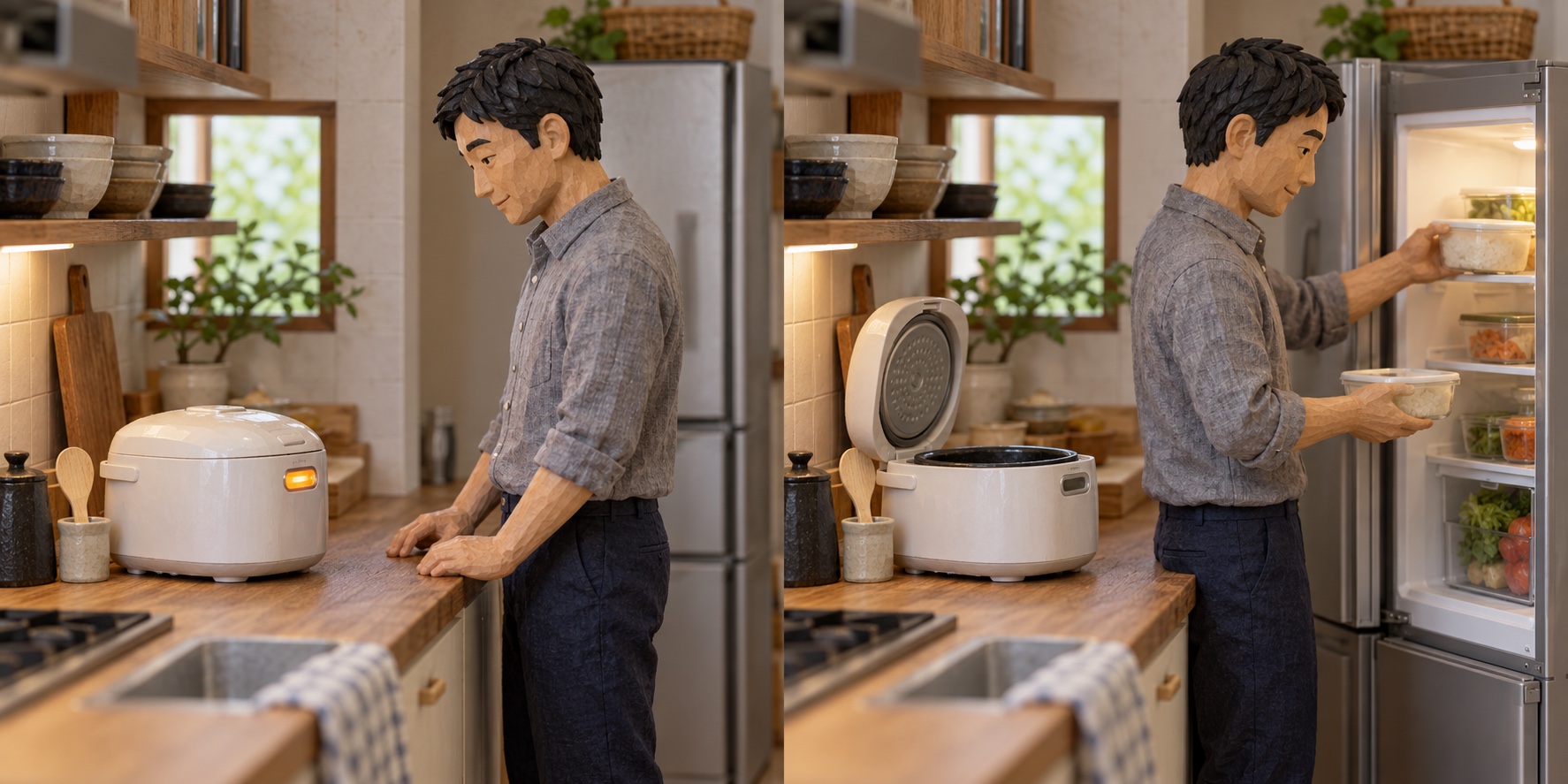 Miniature scene: Keeping the rice cooker warm long after the meal. Miniature scene: Turning it off and storing leftovers safely.