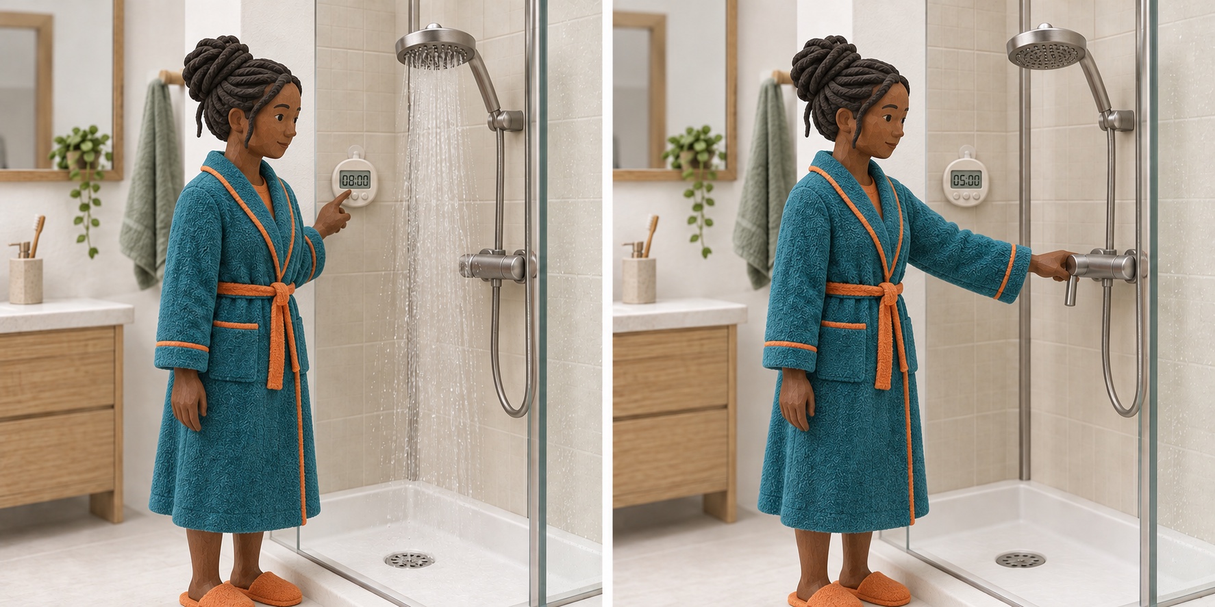 Scène miniature : une douche de huit minutes dans cet exemple. Scène miniature : une douche de cinq minutes dans cet exemple.