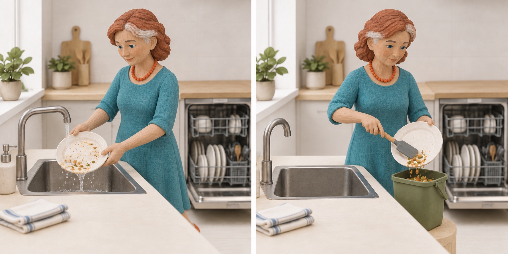 Miniature scene: Rinse a plate before the dishwasher.