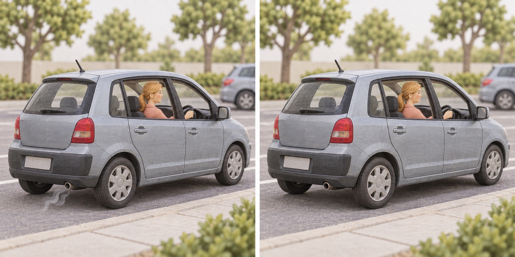 Scène miniature : Une voiture garée dont le moteur tourne au ralenti. Scène miniature : La voiture garée avec son moteur éteint.