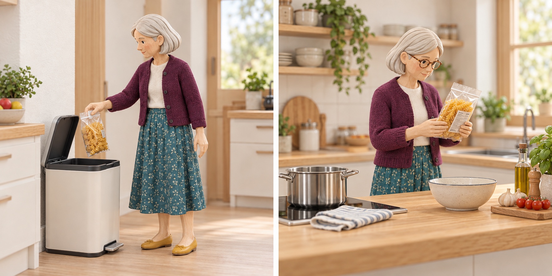 Scena in miniatura: Buttare una confezione idonea solo per il termine minimo di conservazione. Scena in miniatura: Leggere il tipo di data e le istruzioni prima di decidere.