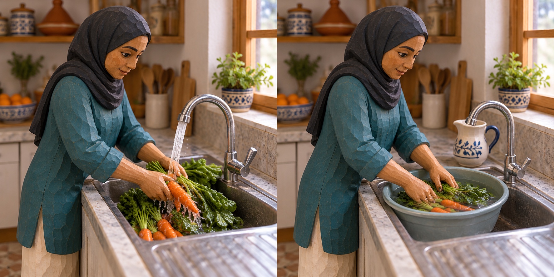 Miniature scene: Washing vegetables under a running tap. Miniature scene: Using a clean basin and the rinse water needed.