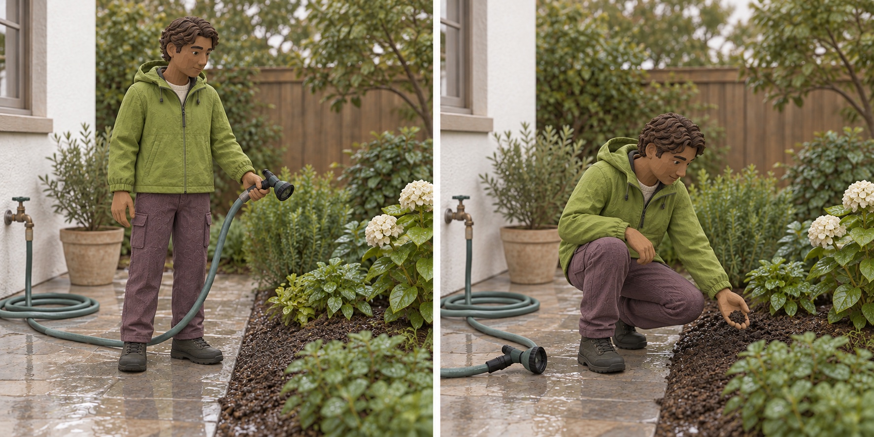 Miniature scene: Prepare to water already moist soil.