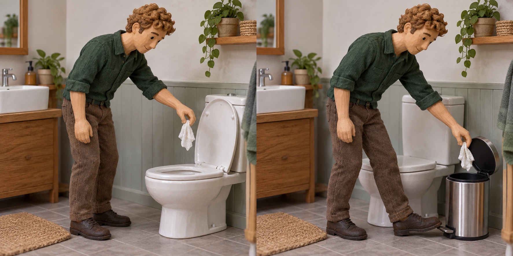 Scena in miniatura: Gettare le salviette nel WC. Scena in miniatura: Tenere le salviette fuori dalla fognatura.