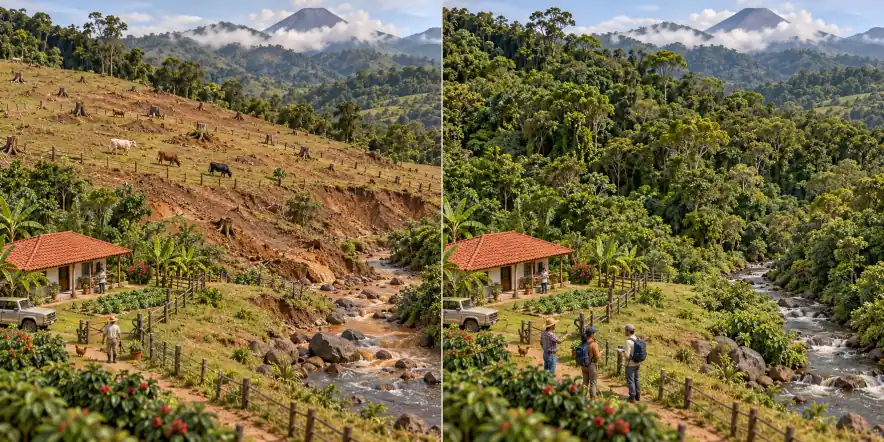 Costa Rica · paisagem rural tropical. A floresta perde espaço para outros usos da terra / Retenção apoiada por contratos e controles