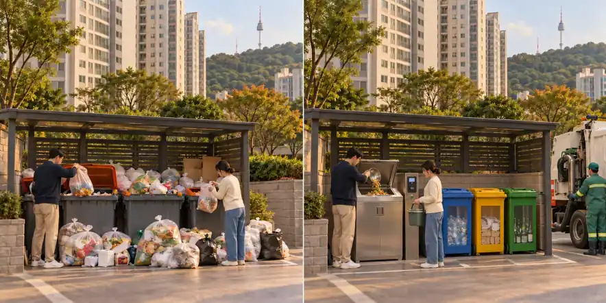 Seul · Coreia do Sul. Resíduos alimentares misturados com resíduos residuais / Coleta separada, pesagem e tratamento do orgânico