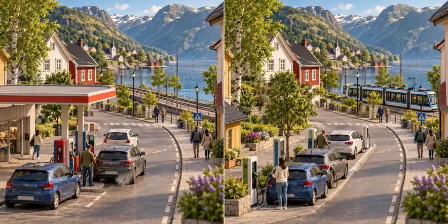 Noruega · cidade com vista para um fiorde. Uma nova frota ainda dependente de combustíveis fósseis / Veículos elétricos, carregamento acessível e eletricidade de baixa emissão