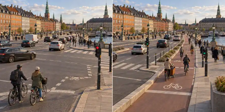 Copenhague · Dinamarca. Caminhos fragmentados e junções difíceis de cruzar / Uma rede de ciclo contínuo conectada aos serviços