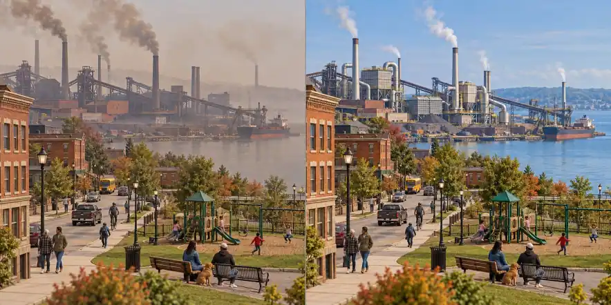 Estados Unidos · distrito industrial urbano. Emissões sem limites efetivos e controles insuficientes / Padrões, monitoramento e instalações apropriados