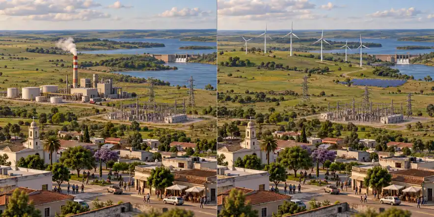 Uruguai · paisagem da rede elétrica. Aumento da dependência de usinas de combustíveis fósseis / Uma rede integra várias fontes renováveis e flexibilidade